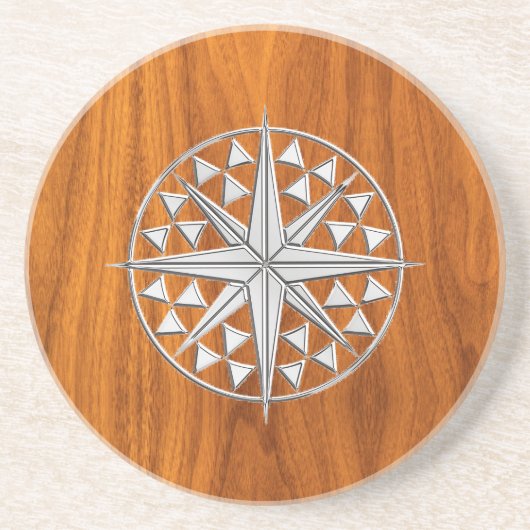 Chrome Like Nautical Compass Star on Teak Veneer Sandstein Untersetzer (Vorne)