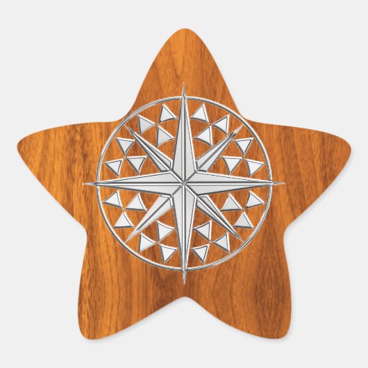 Chrome Like Nautical Compass Star on Teak Veneer Stern-Aufkleber (Vorderseite)