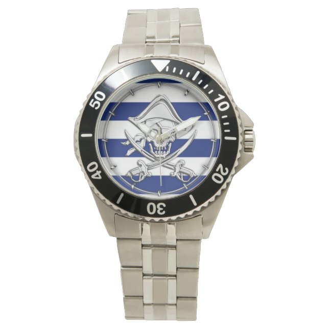 Chrome like Pirate on Navy Stripes Armbanduhr (Vorderseite)
