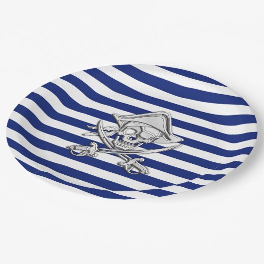 Chrome like Pirate on Navy Stripes Pappteller (Schrägansicht)