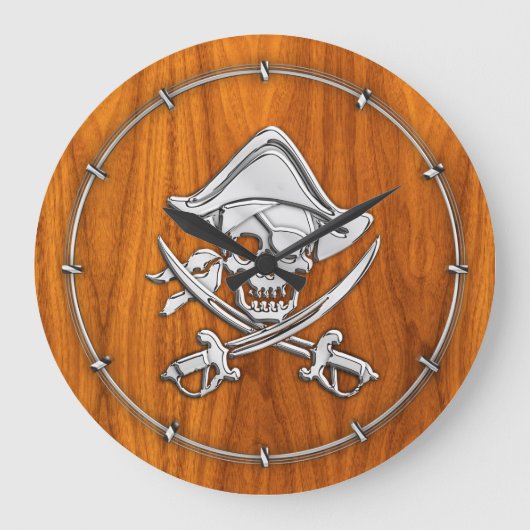 Chrome Like Pirate on Teak Veneer Große Wanduhr (Vorderseite)
