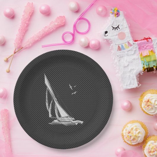 Chrome Like Relief boat on Carbon Fiber Pappteller (Party)