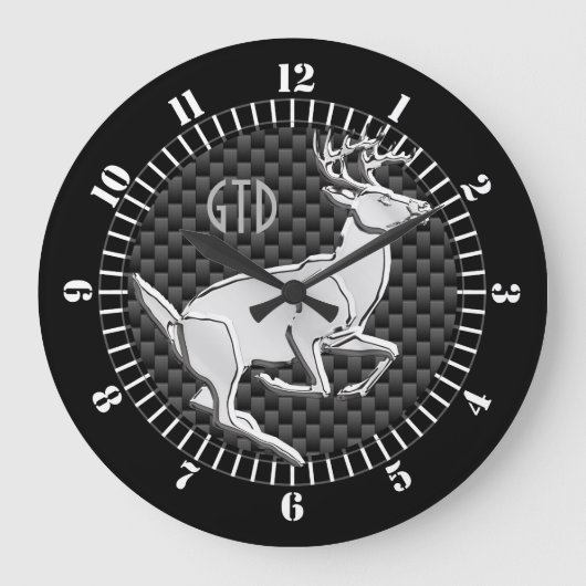 Chrome Like Running Deer Carbon Print Monogram Große Wanduhr (Vorderseite)