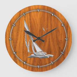 Chrome Like Sailboat auf Teak Veneer Große Wanduhr