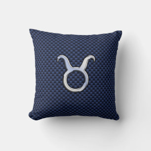 Chrome Like Taurus Zodiac Sign Blue Carbon Print Kissen