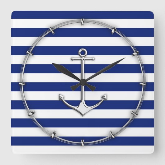 Chrome Like Thin Anchor on Nautical Stripes Quadratische Wanduhr (Vorderseite)