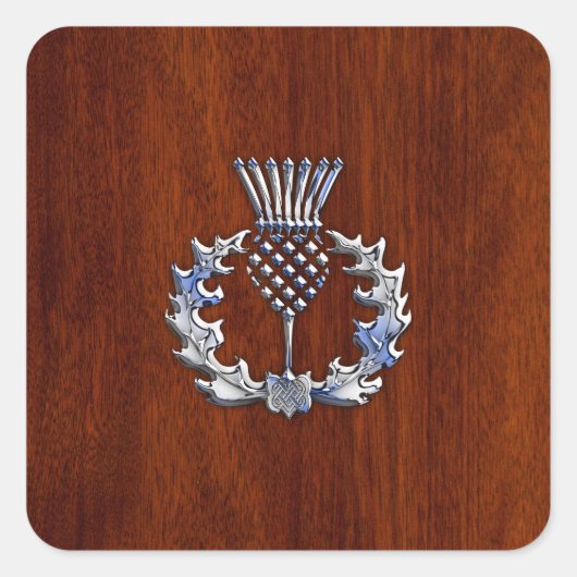 Chrome Like Thistle auf Mahogany Wood Style Quadratischer Aufkleber (Vorderseite)