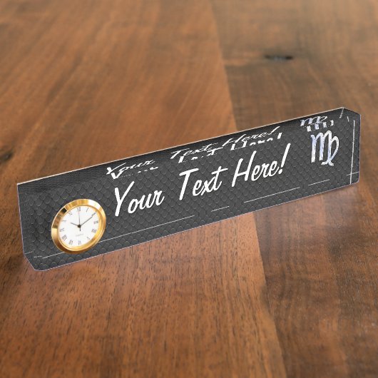 Chrome Like Virgo Zodiac Sign on Black snake skin Namensplakette (Seite)