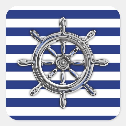 Chrome Like Wheel auf Nautical Stripes Quadratischer Aufkleber (Vorderseite)