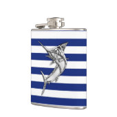 Chrome Marlin auf Navy Stripes Flachmann (Links)