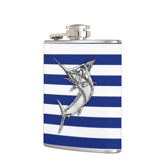 Chrome Marlin auf Navy Stripes Flachmann (Links)