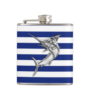 Chrome Marlin auf Navy Stripes Flachmann