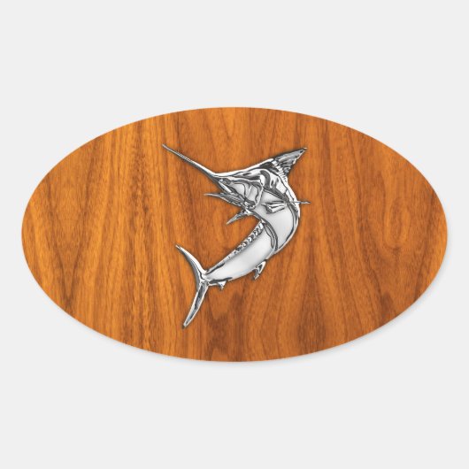 Chrome Marlin auf Teak Wood Ovaler Aufkleber (Vorderseite)