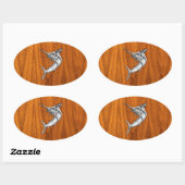 Chrome Marlin auf Teak Wood Ovaler Aufkleber (Blatt)