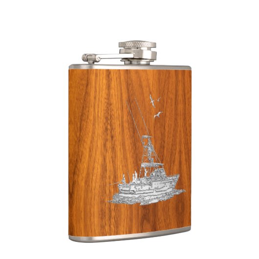 Chrome Marlin Fischerboot auf Teak Print Flachmann (Rechts)