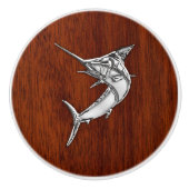 Chrome Marlin Fish auf Mahogany Grain Print Keramikknauf (Vorderseite)