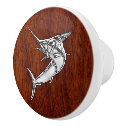 Chrome Marlin Fish auf Mahogany Grain Print Keramikknauf (Rechts)