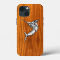 Chrome Marlin Fish auf Teak Veneer Print