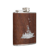 Chrome Marlin Fishing Boat on Wet Mahogany Print Flachmann (Rechts)