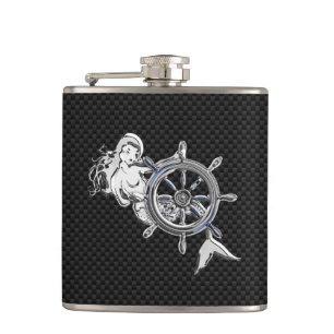 Chrome Mermaid auf Carbon Fibre Print Flachmann