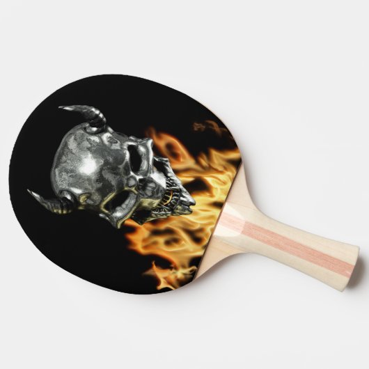 Chrome Metal Dämon Schädel in Flammen Tischtennis Schläger (Seitenansicht)