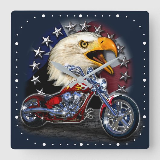 Chrome Motorrad Chopper Patriotic Eagle USA Flag Quadratische Wanduhr (Vorderseite)