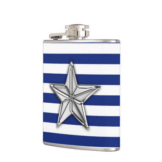 Chrome Nautical Star auf Navy Stripes Flachmann (Links)