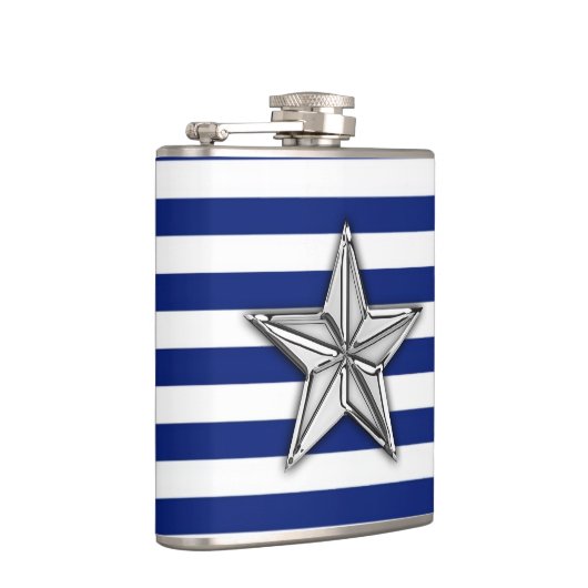 Chrome Nautical Star auf Navy Stripes Flachmann (Rechts)