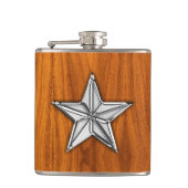Chrome Nautical Star auf Teak Print Flachmann (Vorderseite)