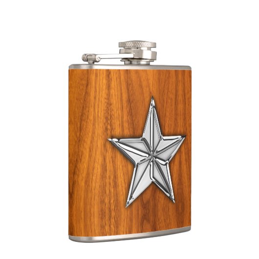 Chrome Nautical Star auf Teak Print Flachmann (Rechts)