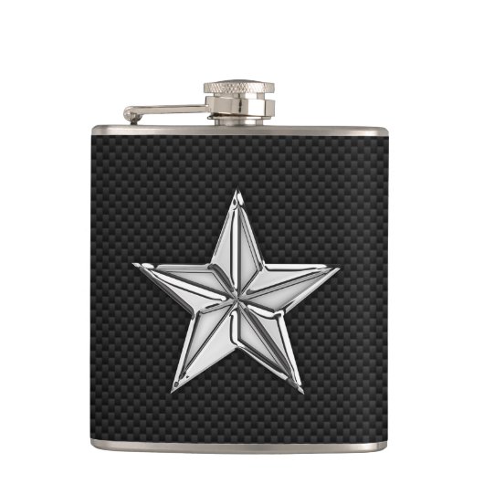 Chrome Nautical Star on Carbon Fibre Print Flachmann (Vorderseite)