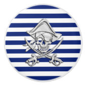 Chrome Pirate auf Nautical Navy Blue Stripes Print Keramikknauf (Vorderseite)