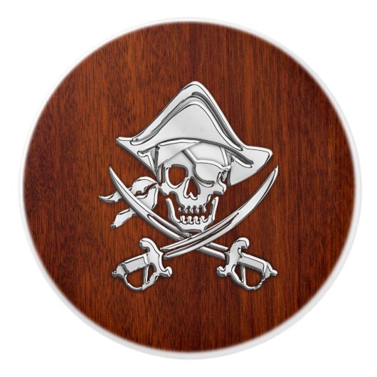 Chrome Pirate auf nautischem Mahogany Grain Print Keramikknauf (Vorderseite)