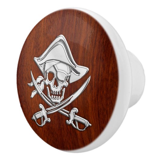 Chrome Pirate auf nautischem Mahogany Grain Print Keramikknauf (Rechts)