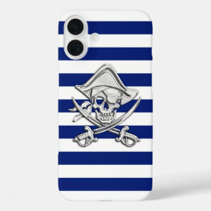 Chrome Pirate Crossbones auf Navy Strips iPhone 16 Plus Hülle