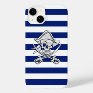 Chrome Pirate Crossbones Print on Navy Strips Case-Mate iPhone 14 Hülle