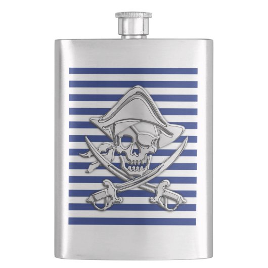 Chrome Pirate Nautical on Navy Stripes Print Flachmann (Vorderseite)