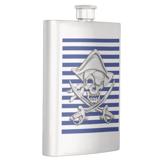 Chrome Pirate Nautical on Navy Stripes Print Flachmann (Rechts)