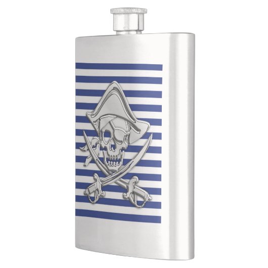 Chrome Pirate Nautical on Navy Stripes Print Flachmann (Links)