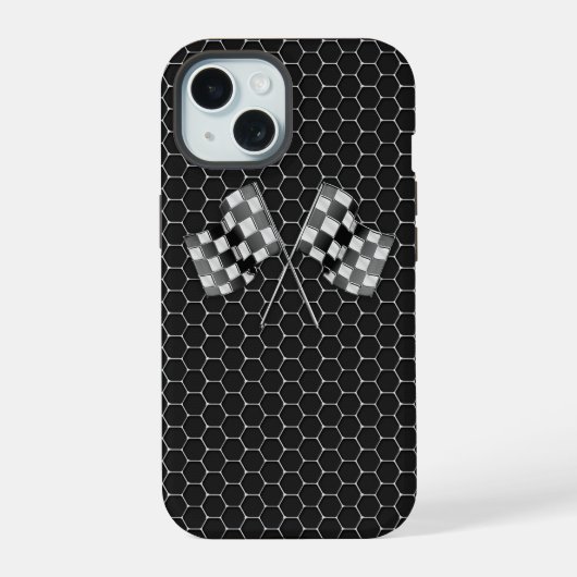 Chrome Racing Flags auf Honeycombs iPhone 15 Hülle (Rückseite)