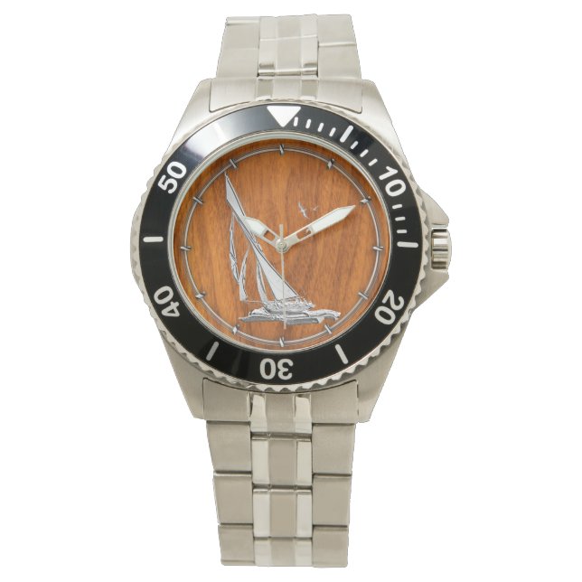 Chrome Regatta Relief boat on Teak Veneer Styles Armbanduhr (Vorderseite)