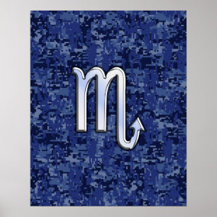 Chrome Scorpio Zodiac Sign on Navy Blue Camo Poster