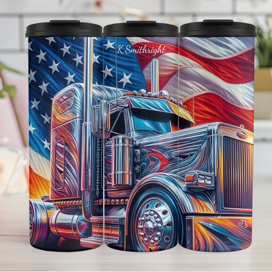 Chrome Semi Truck American Flag Flow Thermosbecher