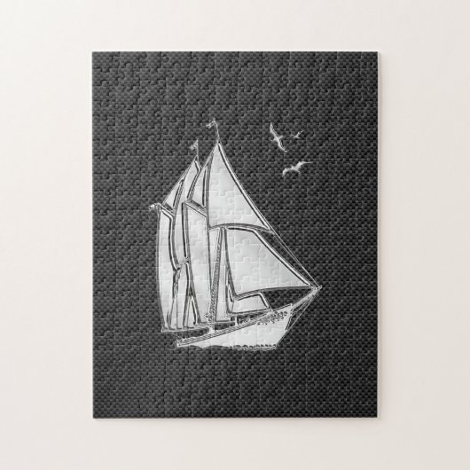 Chrome Silver like Sailboat on Carbon Fibre Puzzle (Vertikal)