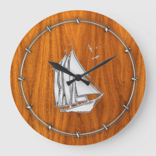Chrome Silver like Sailboat on Teak Veneer Große Wanduhr