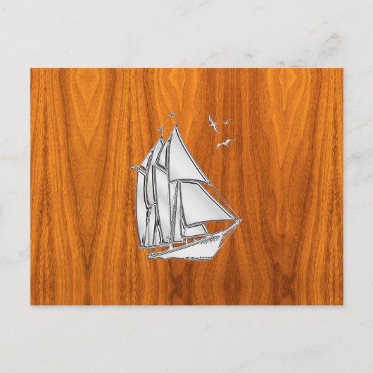 Chrome Silver like Sailboat on Teak Veneer Postkarte (Vorderseite)