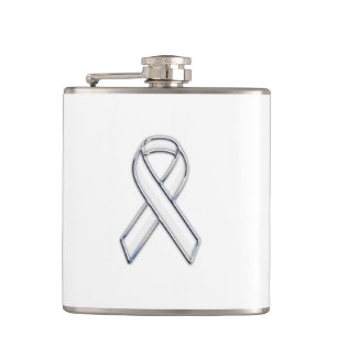 Chrome Silver Print Belted White Ribbon Awareness Flachmann
