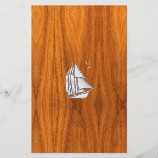 Chrome Silver wie Sailboat auf Teak Veneer Briefpapier (Vorderseite)