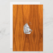 Chrome Silver wie Sailboat auf Teak Veneer Briefpapier (Vorne/Hinten)