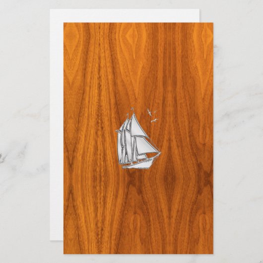Chrome Silver wie Sailboat auf Teak Veneer Briefpapier (Vorne/Hinten)